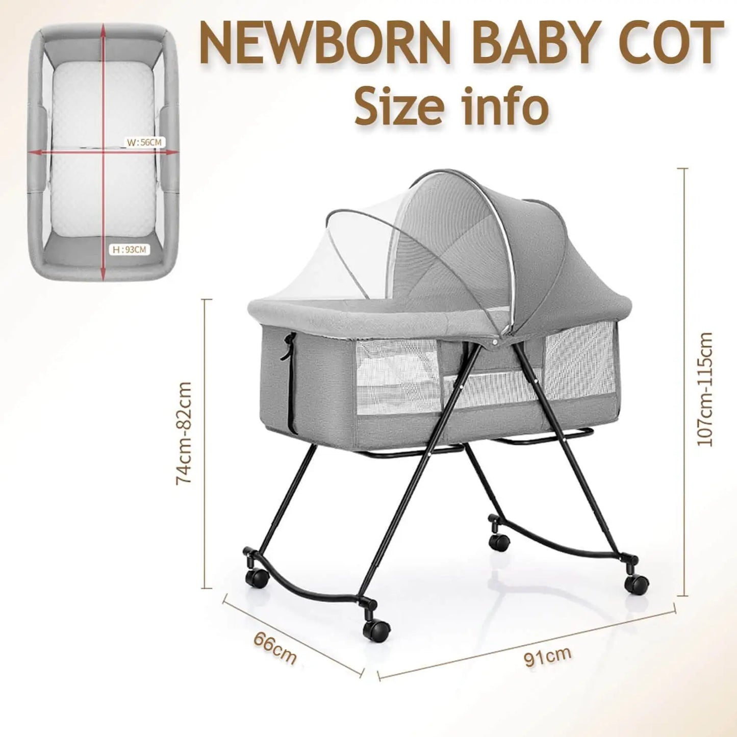 Baby Rocker Bassinet Crib and Co-sleeper with Detachable Mosquito Net